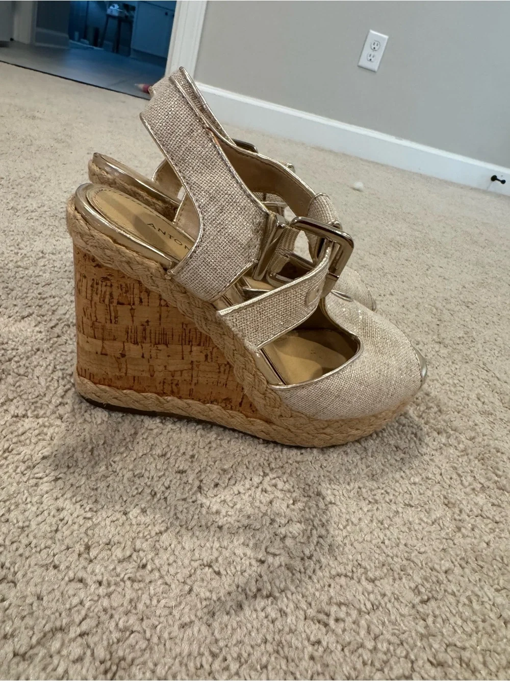 ANTONIO MELANI Gold Linen T-Strap Platform Wedges